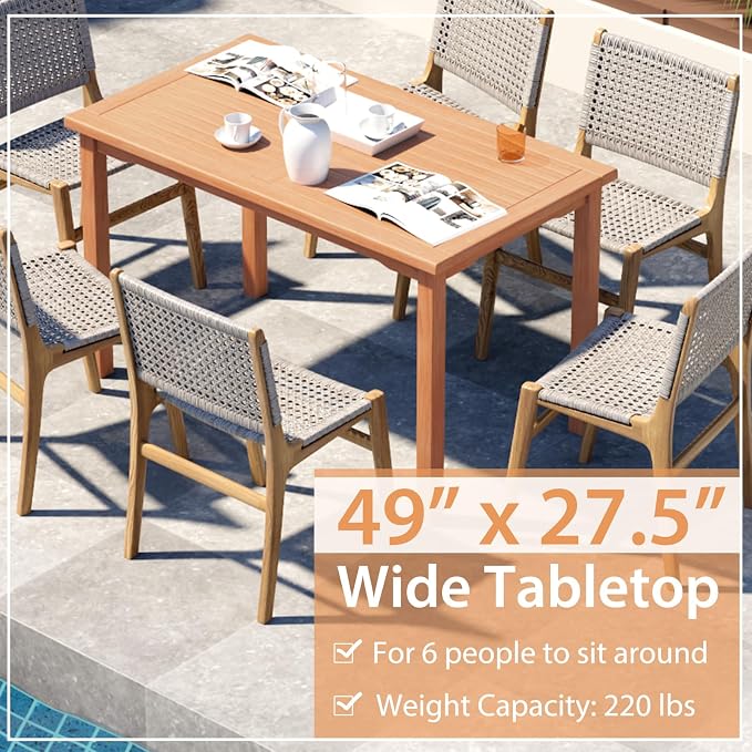 Giantex Patio Rectangle Dining Table, 49” x 27.5” Indonesian Teak Wood Outdoor Table with Spacious Slatted Tabletop for 6 Person, Indoor Outdoor Dining Table for Backyard, Poolside, Front Porch
