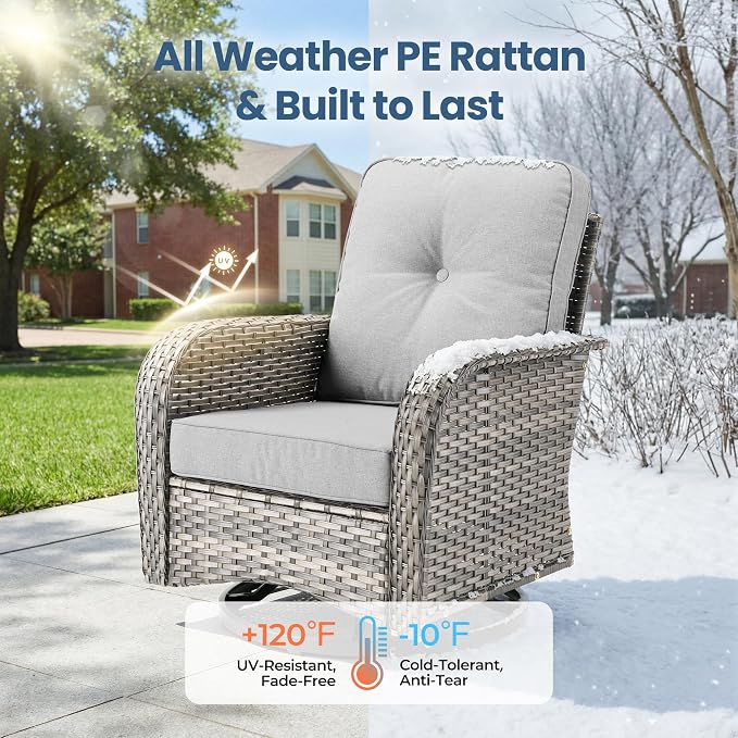 Weaxty Wicker Patio Furniture Set with Swivel Rocker Chairs Outdoor Loveseat Sofa and Rattan Coffee Table, 5 Pieces Outdoor Conversation Sets for Patio Porch Deck Backyard Poolside, Light Gray