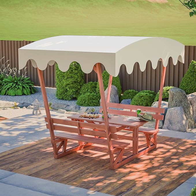Wooden Picnic Table,Outdoor Wooden Dining Rectangle Table w/Umbrella Hole,for Patio,Garden,Backyard