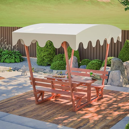 Wooden Picnic Table,Outdoor Wooden Dining Rectangle Table w/Umbrella Hole,for Patio,Garden,Backyard