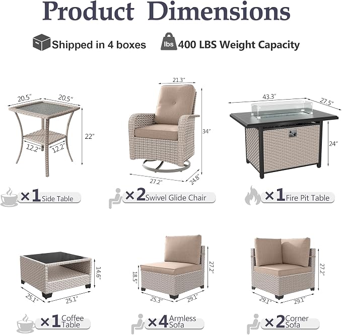 Patio Furniture Set, 11-Piece Outdoor Sectional Sofa with Swivel Rocker Chairs & Fire Pit Table, Wicker Patio Conversation Set with Coffee Table, Khaki Cushions