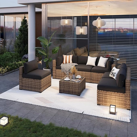 Aoxun 7 Piece Outdoor Patio Furniture Set with Coffee Table, Outdoor Patio Furniture Sets with Waterproof Cover and 4'' Cushion, Wicker Rattan Outdoor Conversation Set for Backyard, Peacock Blue