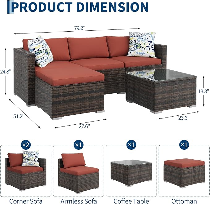 PeakPursuit Outdoor Patio Furniture Set, 5 Pieces Rattan Patio Conversation Sets with Glass Coffee Table and Cushion,All Weather Outdoor Patio Sofa for Garden, Poolside, Backyard,Orange