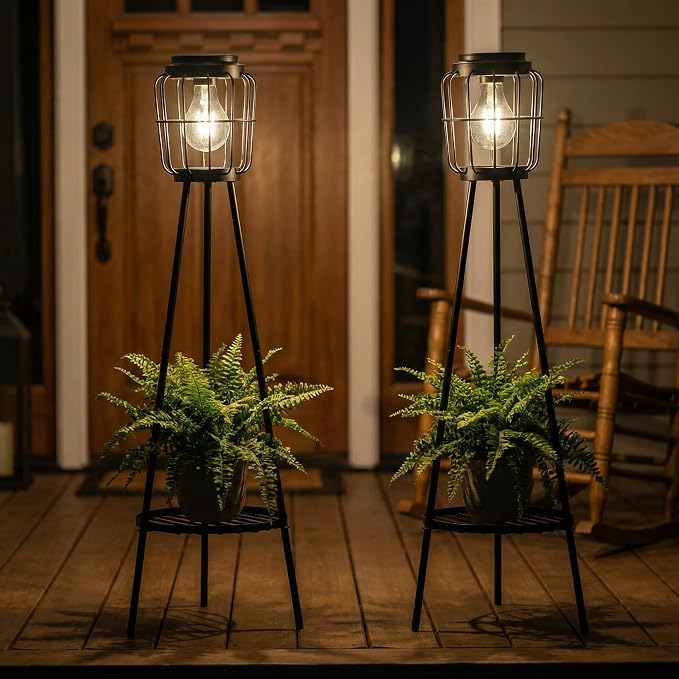 VISFLAIR 2 Pack Solar Lights with Plant Stand, Outdoor Floor Lamp, Waterproof Solar LED Edison Bulb Floor Lamps for Patio Porch Deck Yard Garden Decor