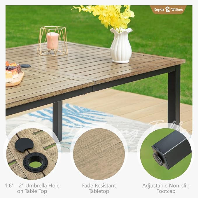 Sophia & William 7pc Patio Dining Set, Wood-Like Metal Table, Wicker Chairs | All Weather Patio Table and Chairs Set for 6, Perfect for backyard, deck, porch