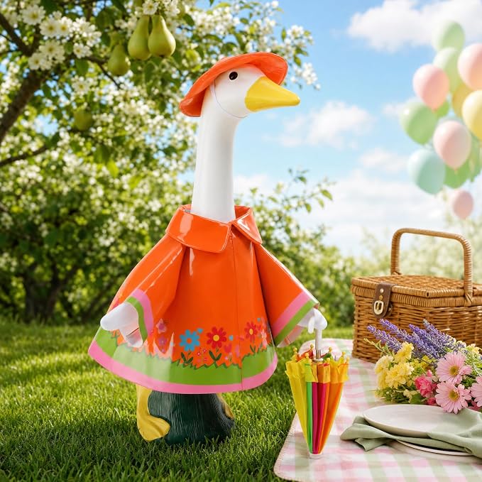 DECOHS 3 Pcs/Set Raincoat Porch Goose Outfits, Summer Lawn Goose Statue Costume with Rainbow Umbrella and Hat, Yard Geese Clothes for 23" Statue Patio Garden Decoration (Orange Flower)