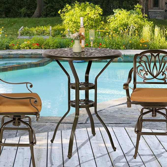 Cast Aluminum Patio Bar Table, 31" Outdoor Bar Height Bistro Table with 2" Umbrella Hole, Patio Bistro Round High Top Dining Table Pub Table for Porch Balcony Backyard, Dark Bronze