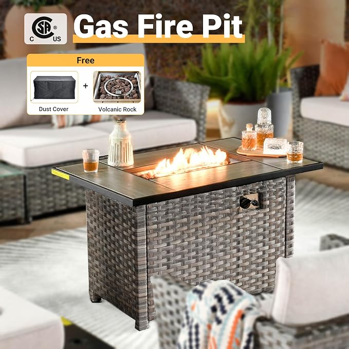 CAODOC 16 Pieces Patio Furniture Conversation Set with 42" Fire Pit Table Rocking Chair Outdoor Sectional Gray Wicker Sofa Set