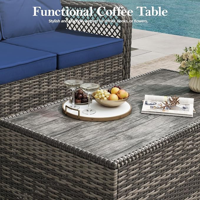 Outdoor Patio Furniture Set with Swivel Chairs and Ottoman, 6 Pieces All-Weather Wicker Patio Conversation Sets with Sofa and Coffee Table for Backyard, Porch, Balcony, Blue