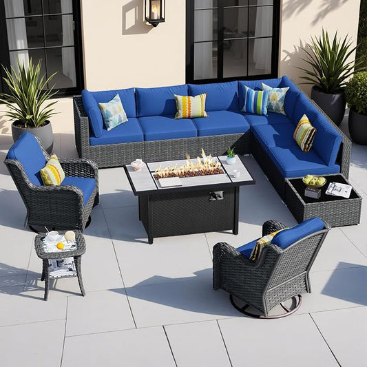 HOOOWOOO Outdoor Patio Furniture with Fire Pit Set 11 Pieces Patio Set with Fire Pit Wicker Outdoor Furniture with Fire Pit Table Set Patio Sectional Set with Swivel Chairs,Navy Blue