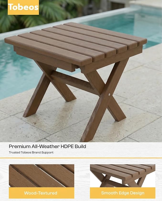 Outdoor Folding Side Table,HDPE Material, Portable Space-Saving Design, Weather-Ready with Authentic Wood-Grain Feel (Teak, 1 Table)