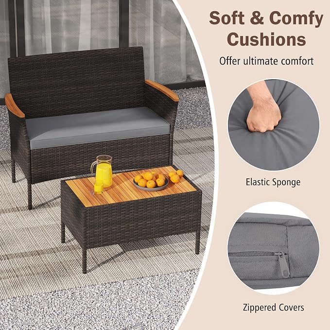 Tangkula 4 Pieces Patio Wicker Sofa Set, 2 Rattan Chairs & Loveseat w/Coffee Table, Acacia Wood Armrests & Tabletop, Outdoor Cushioned Conversation Set for Backyard, Poolside (Gray, 4 Pieces)