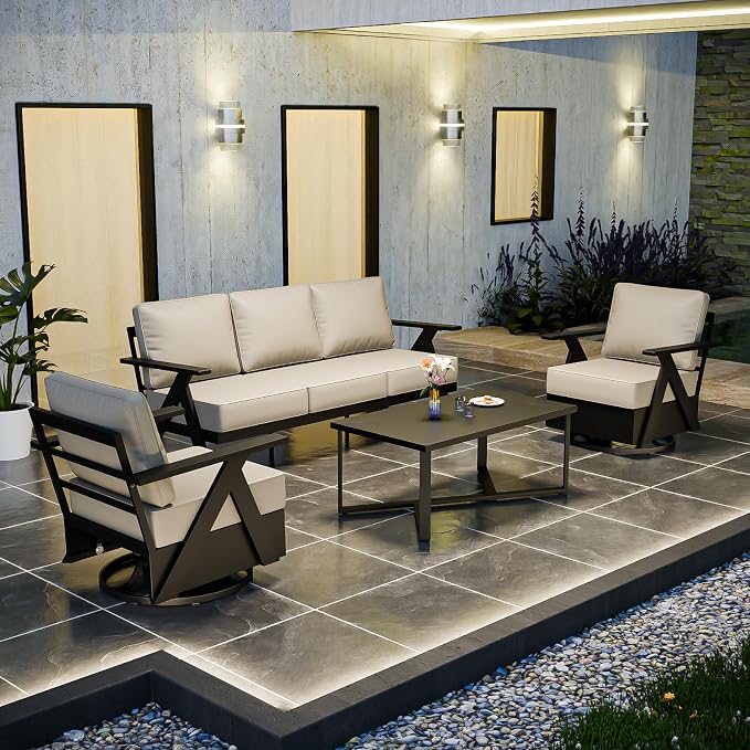 COOS BAY Iron Luxe 4 Piece Outdoor Patio Furniture Set, Modern Patio Conversation Set with 2 Swivel Rocking Chairs, a 3 Seat Couch & Coffee Table for Deck, Garden, Porch, Black/Beige