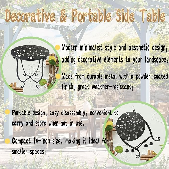 Outdoor Side Table, 14-inch Small Round Metal Patio Table with Flower Cut-Out Design, Set of 2 Modern Rust-Proof Portable End Table Patio Side Table for Outside Garden Balcony Yard & Indoor Use