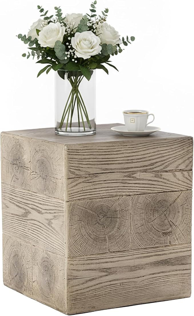 HOMPUS Outdoor Side Table Square, Concrete Lightweight MgO End Table, Patio Accent Coffee Table Garden Tool for Patio, Porch and Deck, Light Walnut