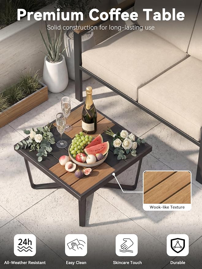 4 Piece Patio Furniture Set, All-Weather Sectional Sofa with 4 Inch Thick Cushions, 210g Fade-Resistant Spun-Dye Fabric, Outdoor Conversation Set with Coffee Table, Beige