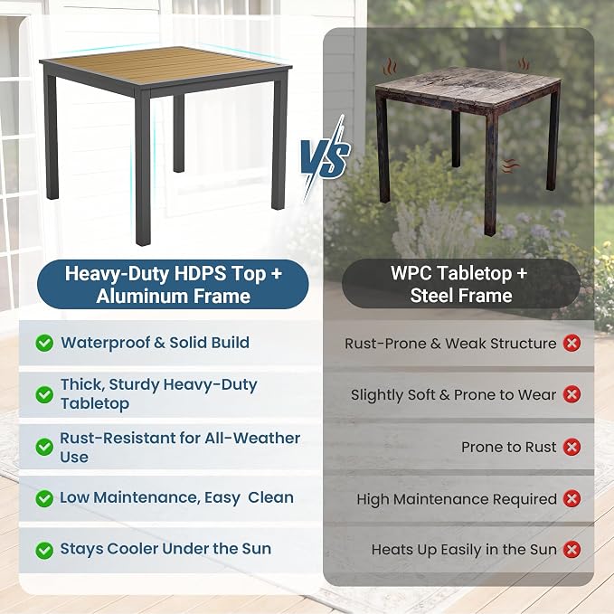 Aluminum Outdoor Table for All-Weather, 35.4" Patio Tables with Heavy Duty HDPS Square Tabletop, Outside Table with Quick-Drying Slatted Design for Porch, Patio, Garden, Deck, Poolside, Backyard