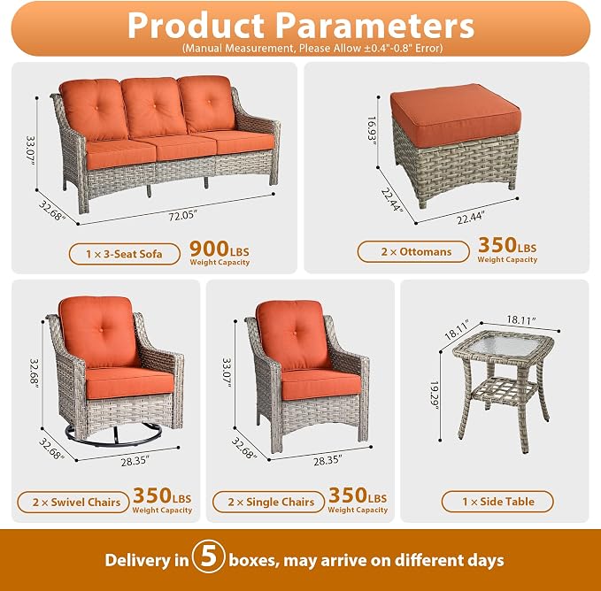 8 PCS Outdoor Patio Furniture Sets,Patio Conversation Sets Outside Rattan Soft Cushion Sofa with 2 Wicker Rocking Chairs Soft Cushion Fit Backyard Porch Garden Poolside Balcony,Orange Red