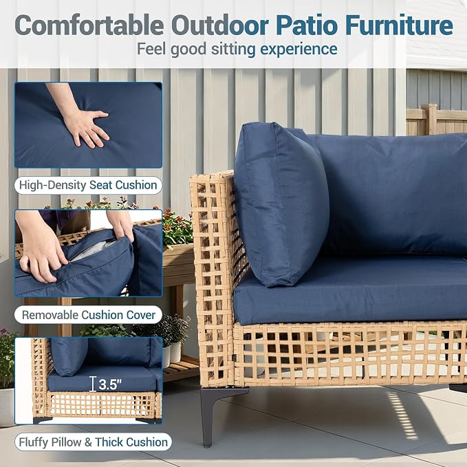 7 PCs Outdoor Patio Furniture All Weather Wicker Rattan Sectional Conversation Sofa Set w/Water Resistant Cushions, Coffee Table for Paito, Lawn, Garden, Dark Blue