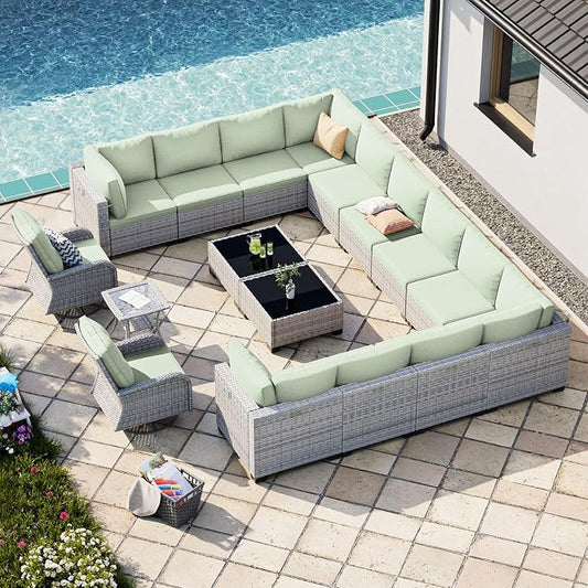 17-Piece Patio Furniture Set, Outdoor Patio Furniture with Swivel Chairs Set, Thick Cushions, Modular Patio Sofa, Dual-Strand Rattan, Rust-Resistant Frame, Light Green