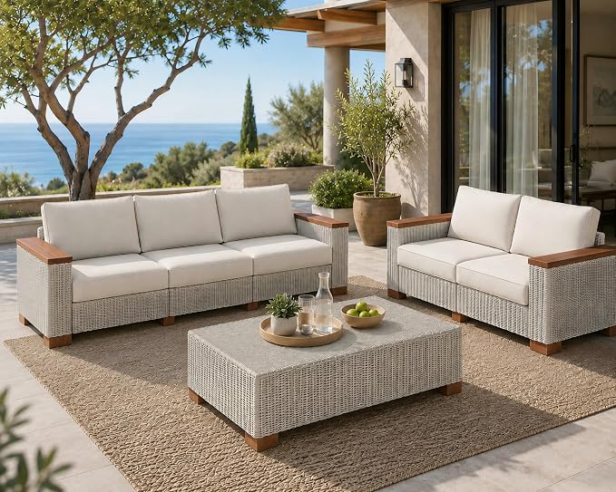 PaPaJet 5-Piece Wicker Patio Furniture Set with Solid Wood Armrest, Outdoor Patio Set with Thick Legs, UV-Resistant Modular Outdoor Sectional Sofa for Backyard, Porch, Garden