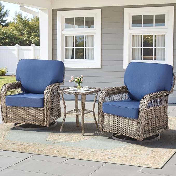 3 PCS Patio Swivel Rocking Chairs Set, Outdoor Wicker Furniture with 5-Inch Thick Olefin Cushions & Rattan Side Table, 360° Swivel Rocker Chairs for Garden, Porch, Backyard, Blue/Gray Wicker