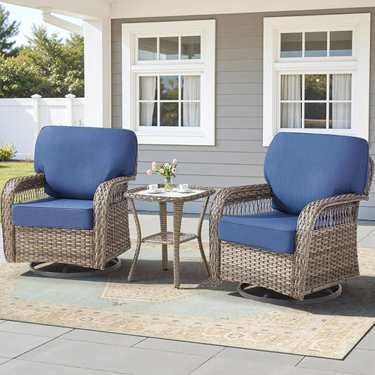 3 PCS Patio Swivel Rocking Chairs Set, Outdoor Wicker Furniture with 5-Inch Thick Olefin Cushions & Rattan Side Table, 360° Swivel Rocker Chairs for Garden, Porch, Backyard, Blue/Gray Wicker