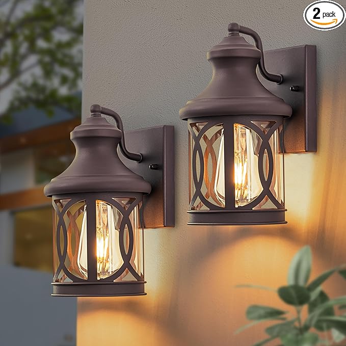2-Pack Outdoor Wall Lights, Porch Lights, Waterproof Outdoor Wall Sconce, Exterior Light Fixture Bronze Finish with Clear Glass Shade for Garage Patio Front Door Balcony