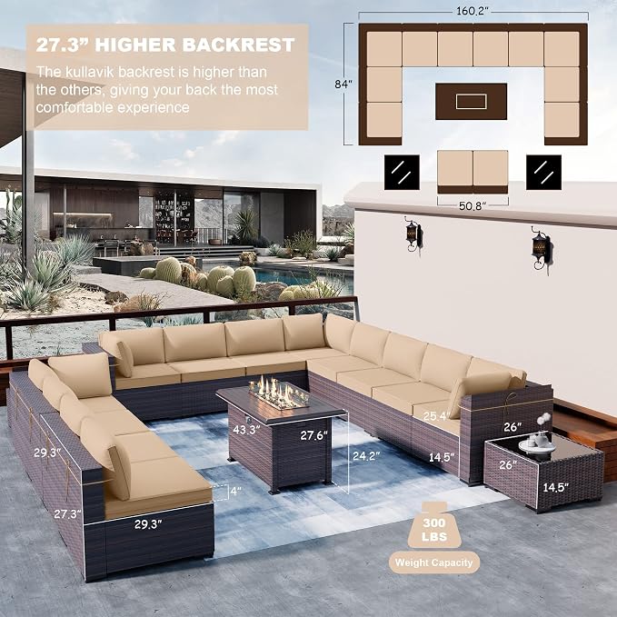Kullavik 15 Pieces Outdoor Patio Furniture Set with 43" 55000BTU Gas Propane Fire Pit Table PE Wicker Rattan Sectional Sofa Patio Conversation Sets,Sand