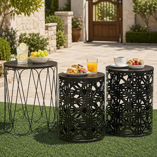 Y&M Set of 3 Patio Side Table for Living Room,Indoor End Tables for Bedroom, Outdoor Garden Stool with Heavy Duty Metal Frame Modern Industrial Decor - Black with Bronze