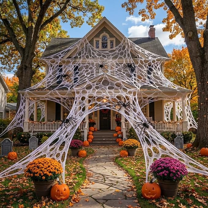 1600 Sqft （After Streched with Holes） Uncut Giant Spider Web Halloween Decorations Outdoor with 10 Ground Nails Stretchy Beef Cloth Netting Cut-Your-Own Flexible Elastic for Yard Party Decor
