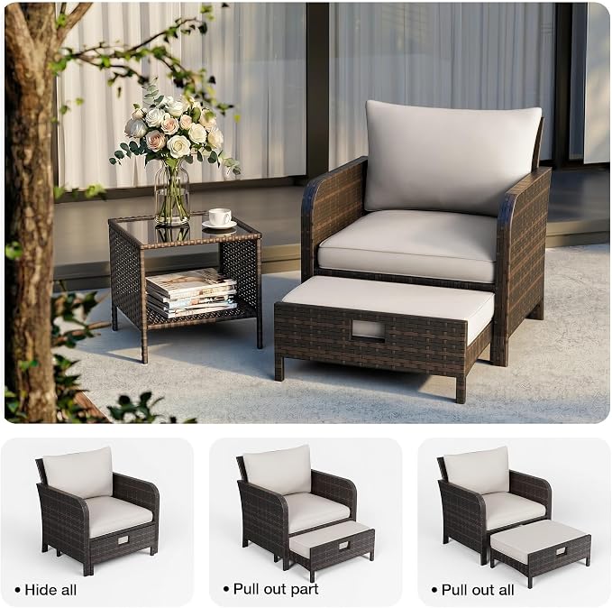 LEVELEVE Patio Conversation Set 5 Piece, Balcony Furniture Outdoor PE Rattan Wicker Lounge Chairs with Soft Cushions, 2 Ottomans & Glass Table for Porch Lawn, Brown with Beige Cushions