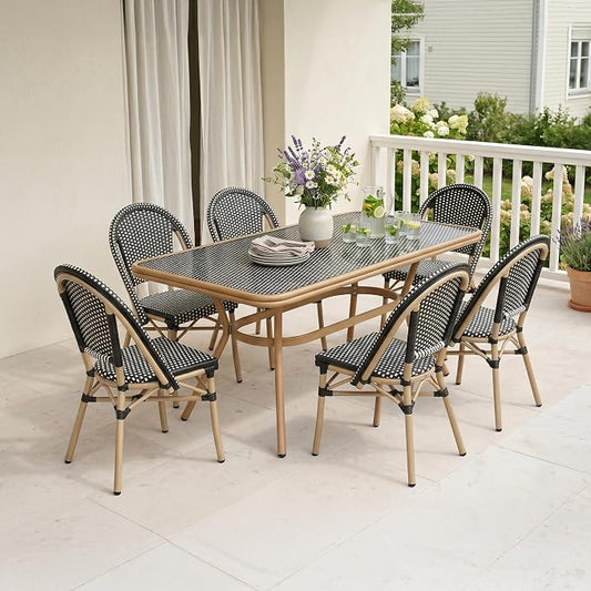PURPLE LEAF 7-Piece French Bistro Dining Set Rectangle Outdoor Patio Table and 6 Armless Chairs Tempered Glass Top PE Rattan Champagne Print Finish Aluminum Frame Black