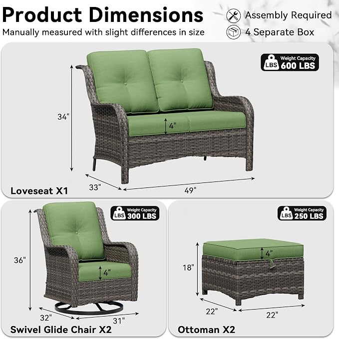 5 Piece Outdoor Wicker Patio Furniture Set, Outdoor Swivel Rocker Patio Chairs Set with Thickened Olefin Cushions, High Back and Deep Seating, Hand-Woven PE Rattan for Porch, Deck