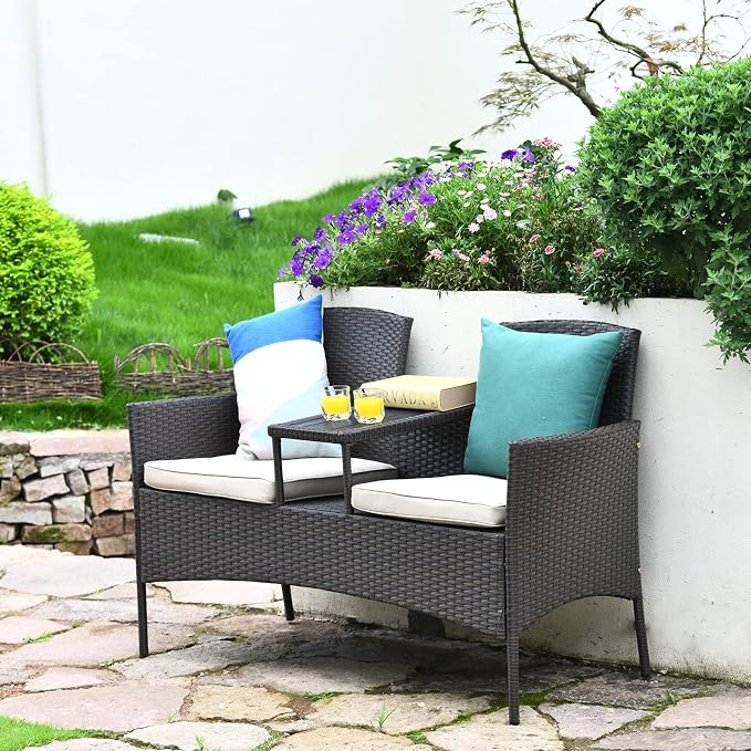 Tangkula Outdoor Rattan Loveseat with Built-in Coffee Table, 2-Person Patio Conversation Set with Cushions & Table, Modern Patented Wicker Sofa Set, Wicker Sofa for Garden Lawn Backyard, Beige