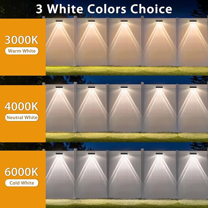 Solar Fence Lights Outdoor, 12-Pack 120LM Fence Lights Solar Powered, IP67 Waterproof Dusk to Dawn Auto On/Off 12+ Hours for Outside/Backyard/Wall/Step/Patio/Deck/Pool (3000K/4000K/6000K White)