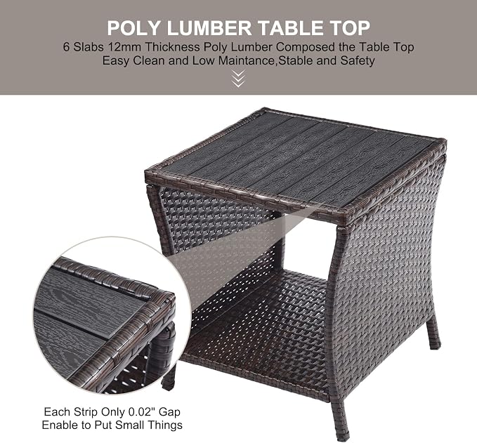 Outdoor Patio Side Table Small Brown Wicker Rattan End Table for Outside Storage Coffee Table with Poly Lumber Table Top for Garden Lawn Pool Porch Deck