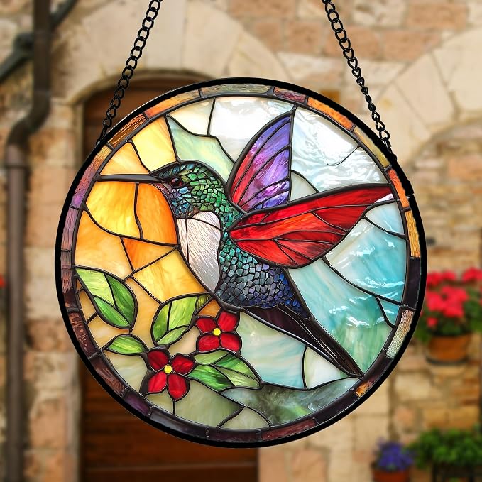 DASTOLL Stained Glass Window Hanging, Hummingbird Gifts Sun Catchers Diamond Glass Panel Hangings Birds Suncatcher Decor for Birthday for Women, Men, Wife, Aunt, and Mom 6.3 in
