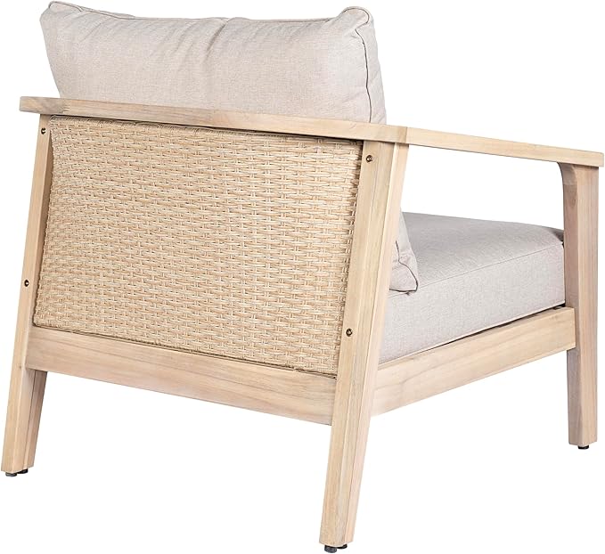 Merax 2 Piece Outdoor Acacia Wood and Wicker Club Chair, Light White Finish with Beige Cushion, Patio Garden Armchair