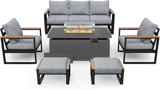Sundale Outdoor Aluminum Patio Furniture Set, 6 Piece Outdoor Conversation Sets with Fire Pit and 6" Thick Olefin Cushions, All Weather Outdoor Sectional Set for Deck, Lawn, Yard