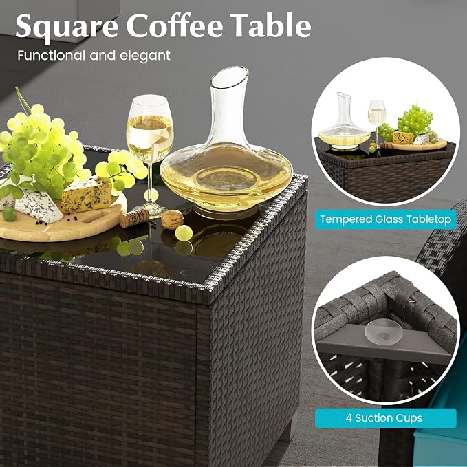 COSTWAY 5-Piece Rattan Conversation Set, Outdoor Wicker Sofa, Tempered Glass Coffee Table & Ottomans for Small Space, Boho Chic Indoor/Outdoor Furniture Set for Poolside, Backyard, Deck (Turquoise)
