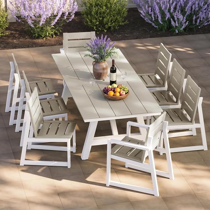 Costaelm Rectangle Patio Table, 8-Person Backyard Table 90" HDPE Dining Table with Umbrella Hole and Metal Frame for Outside, Garden, Poolside, Deck, Porch, Balcony, Sand