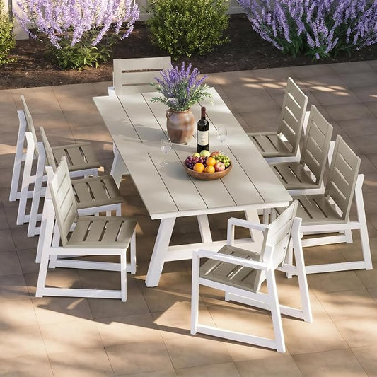 Costaelm Stinson 9-Piece Outdoor HDPE Patio Dining Table Set with Umbrella Hole & Dining Chairs for 8, Sand