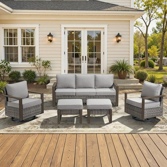5-Piece Outdoor Patio Furniture Set with Swivel Chairs, All-Weather Wicker Sofa Set for Garden, Yard, Porch and Poolside Seating Grey/Grey