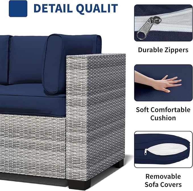 SHGJ&SOFT 4pcs Patio Furniture Set, Outdoor Loveseat Couch, Waterproof Rattan Sofa with Storage,Patio Couch Sets Wicker Furniture for Porch,Balcony (Grey&Blue, 7pcs)