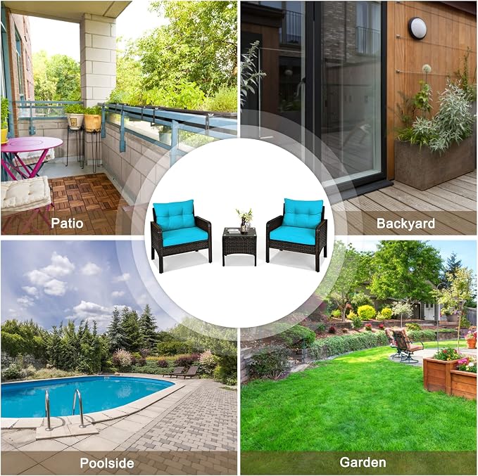 KOTEK 3 Piece Patio Furniture Set, Outdoor Wicker Conversation Bistro Set with 4 Cushions, All Weather PE Rattan Furniture Set for Garden, Backyard, Porch, Poolside (Turquoise)