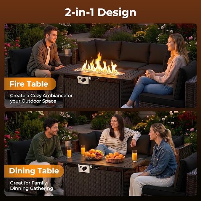 LEVELEVE 8-Piece Wicker Patio Conversation Set with 44" Propane Fire Pit Table, Cozy Outdoor Sectional Sofa for Backyard Gatherings, Poolside Lounging & Garden Parties
