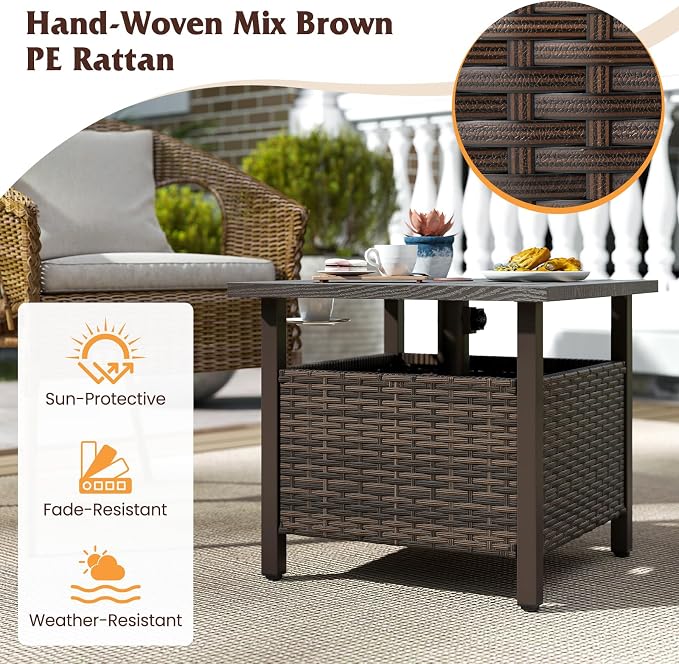 HAPPYGRILL Outdoor Side Table with 1.93" Umbrella Hole, Patio Umbrella Stand with Zinc-Iron Alloy Tabletop, Rustproof Metal Frame, PE Rattan End Table for Deck Garden Yard Poolside (No Sand Bag)