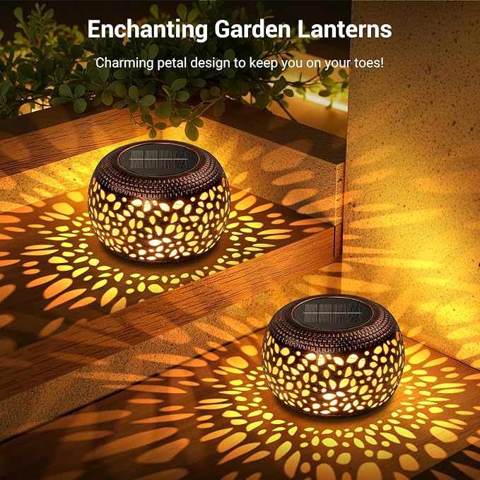 Solar Lanterns Outdoor Waterproof: 2 Pack Hollowed-Out Retro Metal Lantern Lights - Solar Lantern Decorative - Gifts for Women Mother's Day, Outside Garden Yard Patio & Indoor Tabletop Decor