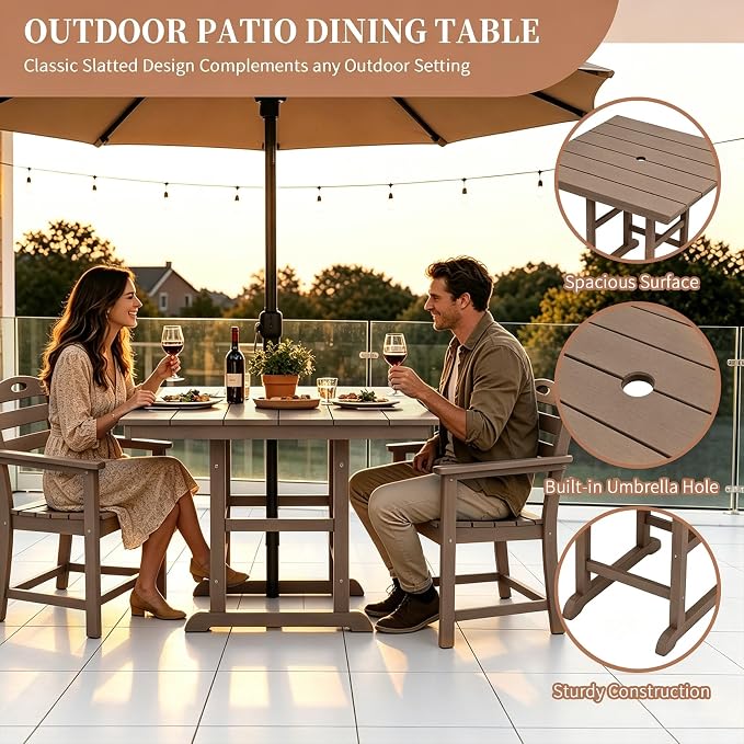 Outdoor Patio Dining Square Table and Armchair 3 Piece Set, Brown | HDPE Material, 1.77" Umbrella Hole, All-Weather, Patio Furniture, Table and 2 Chairs, For Backyard, Deck, Garden
